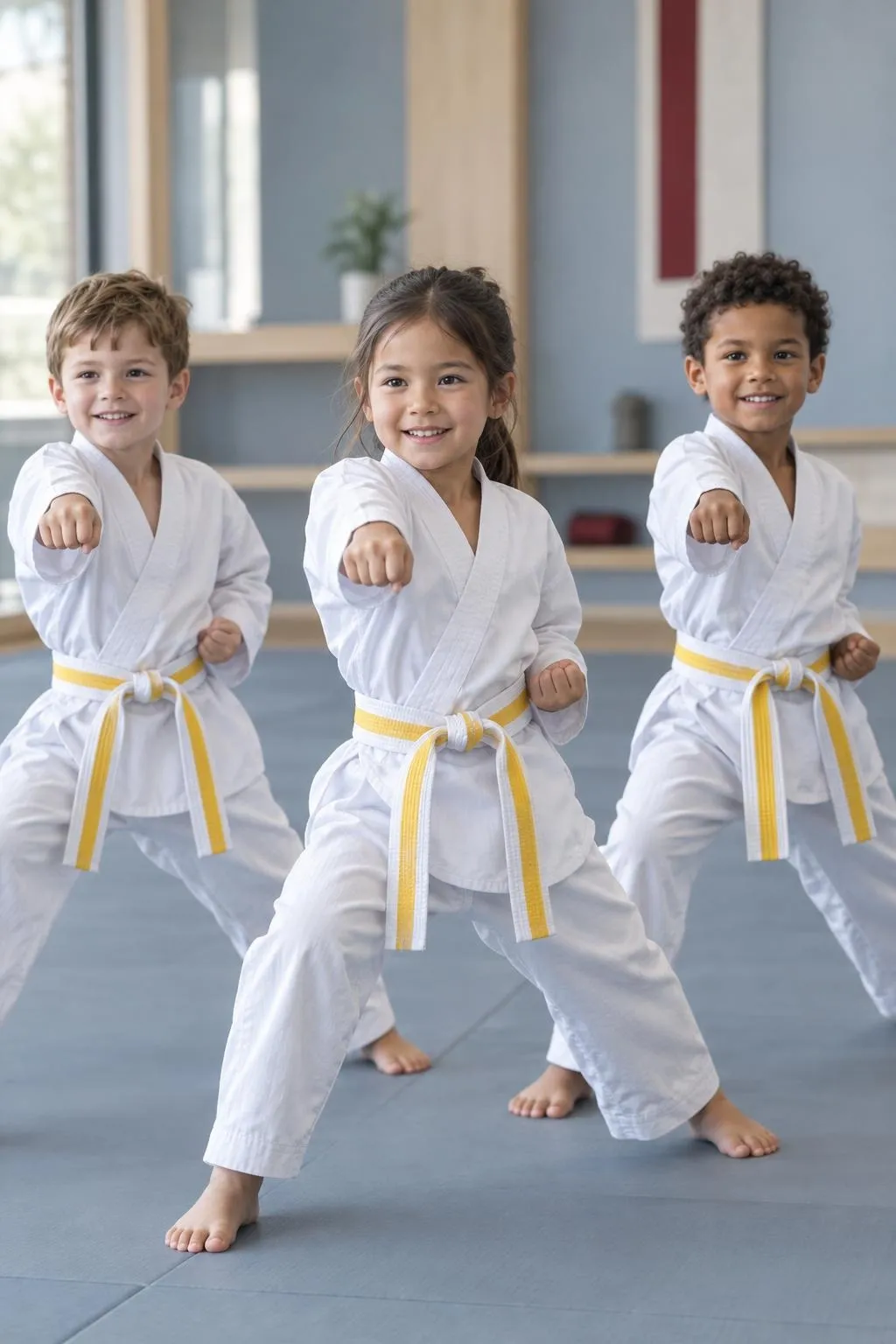 Three young students in white uniforms and yellow belts throw a punch together