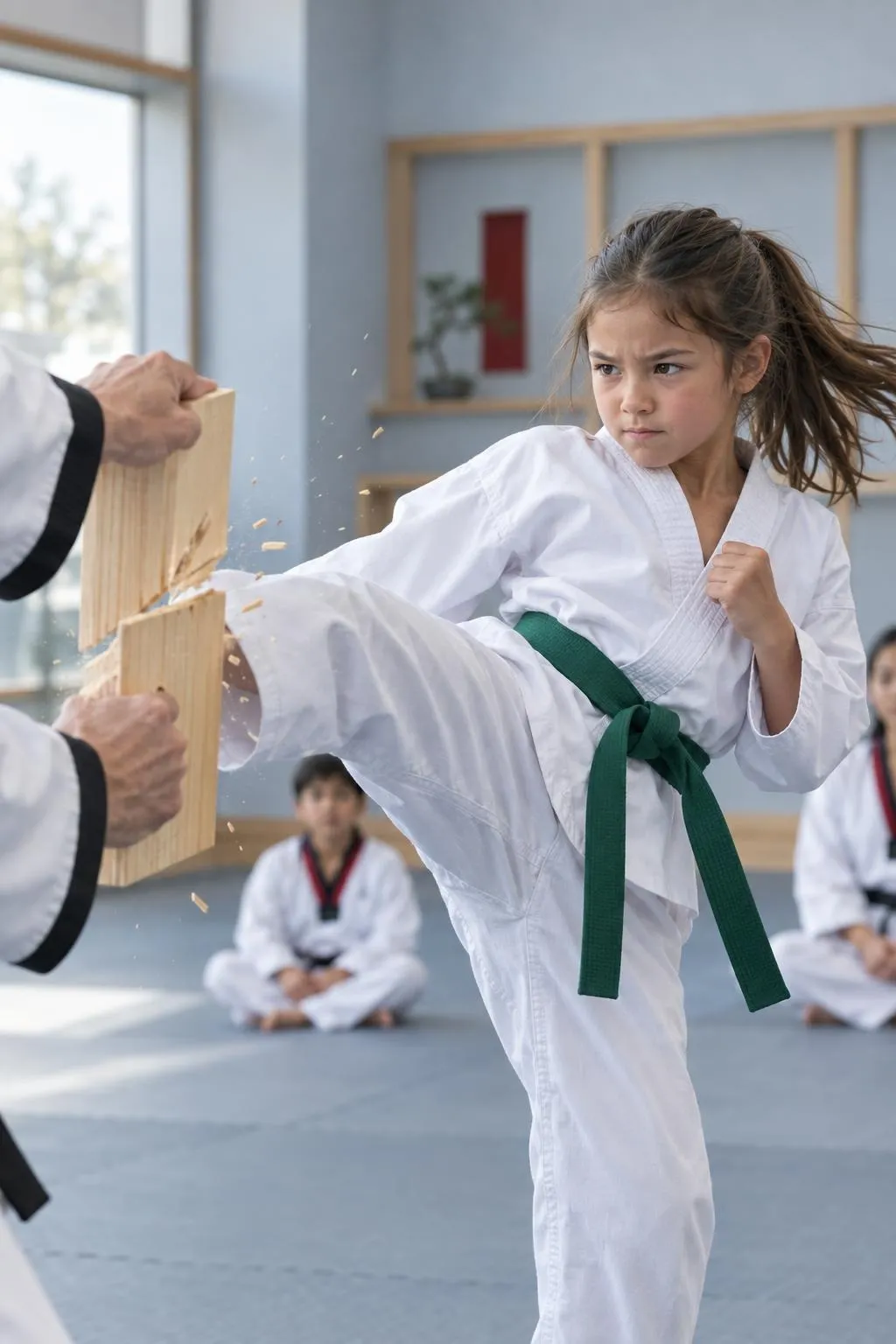 A young student with a green belt breaks a board with a front kick