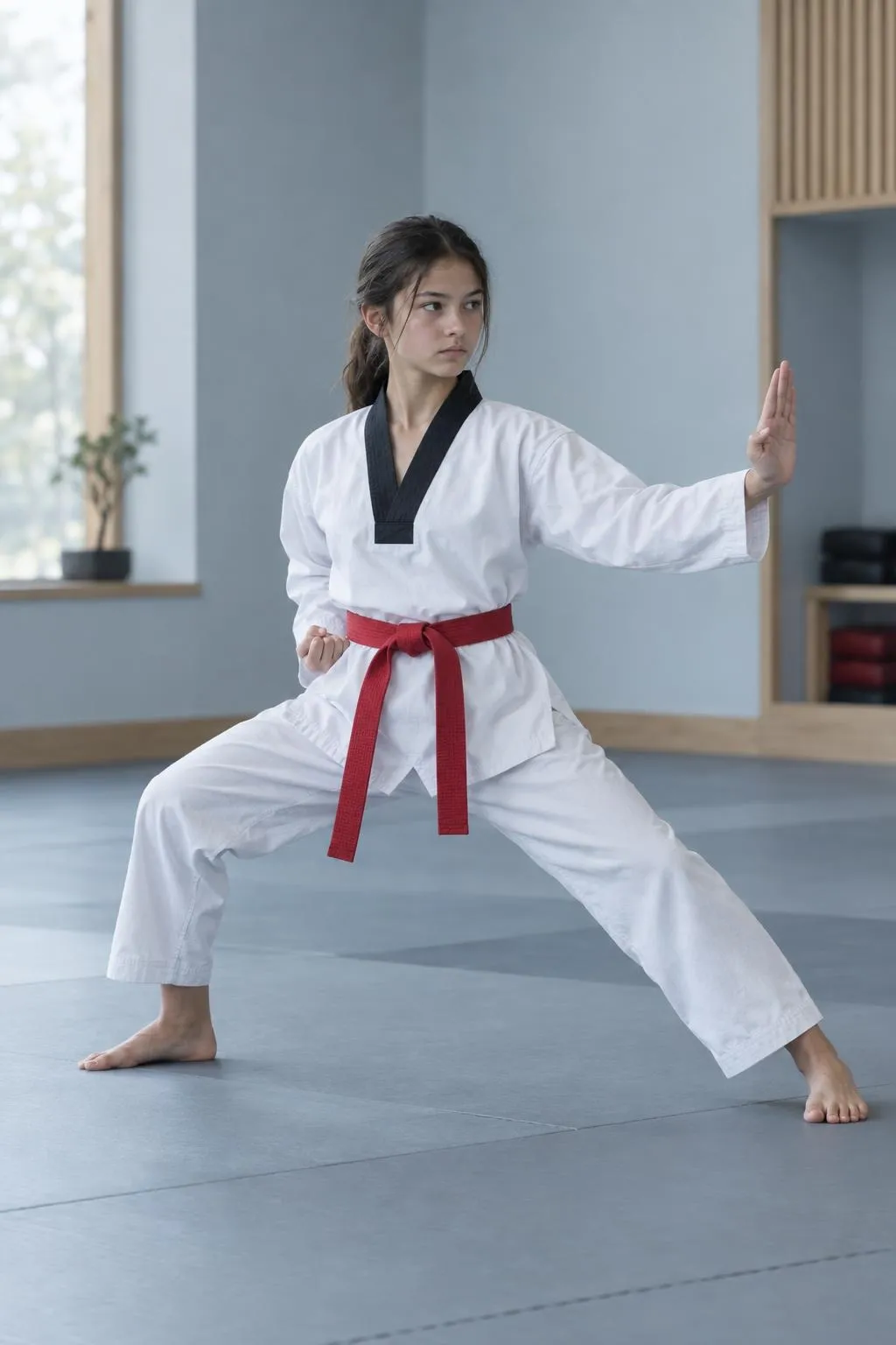 A teenage student with a red belt holds a low stance during a form