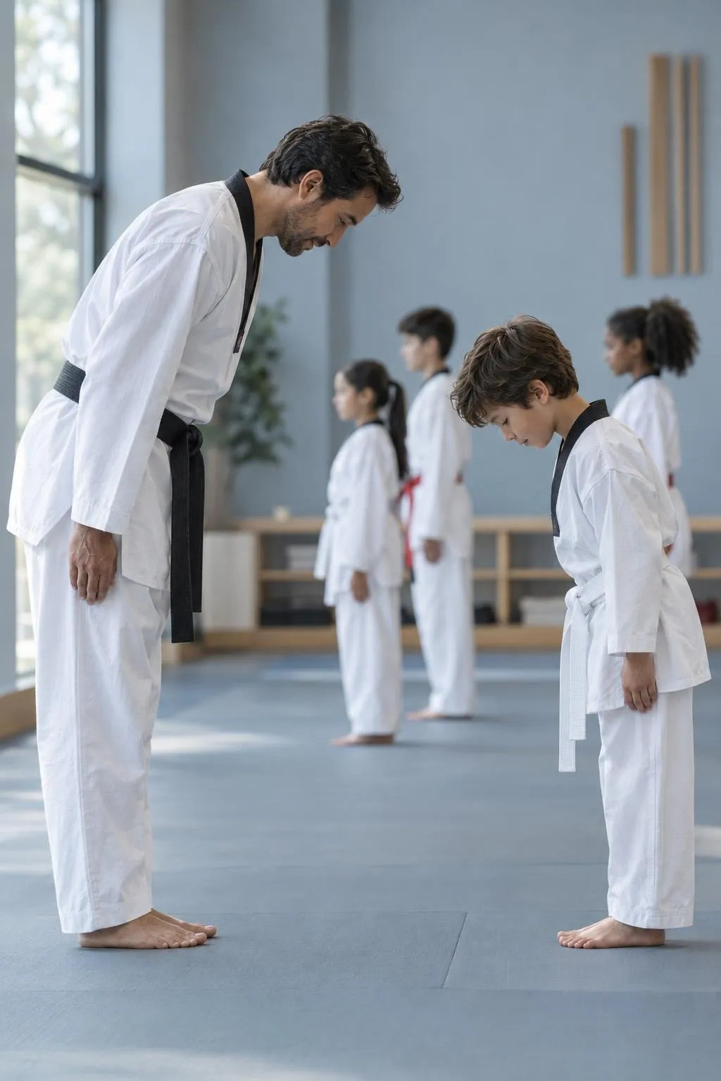A father and son in white uniforms bow to each other on the mat