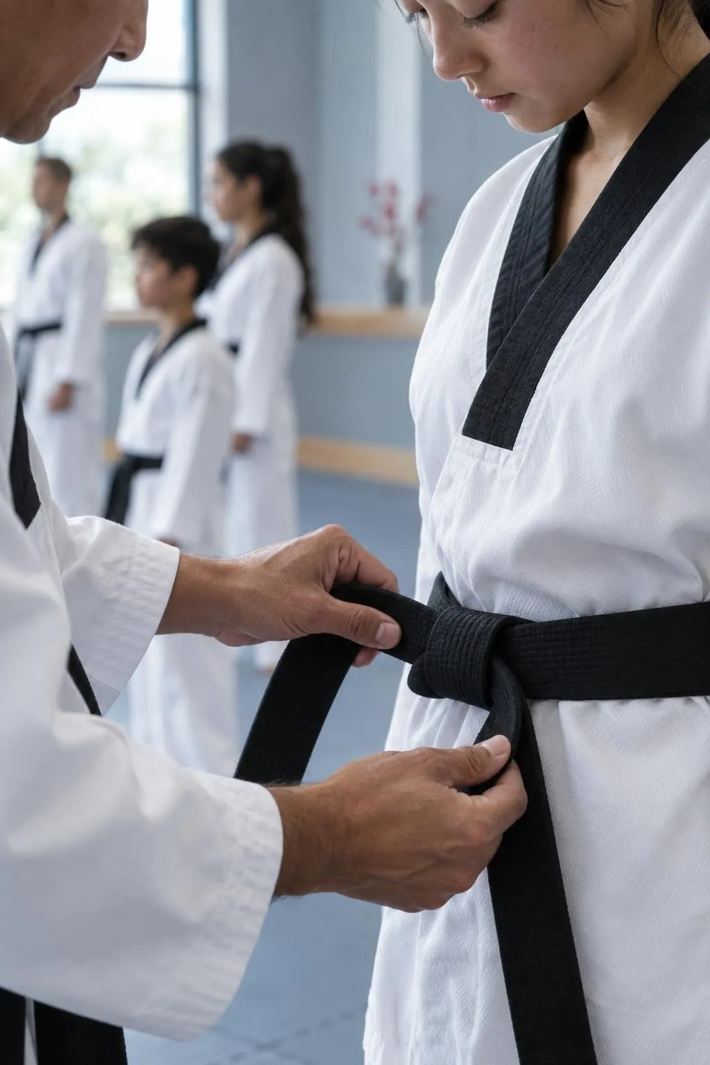 An instructor ties a new black belt around a student's waist