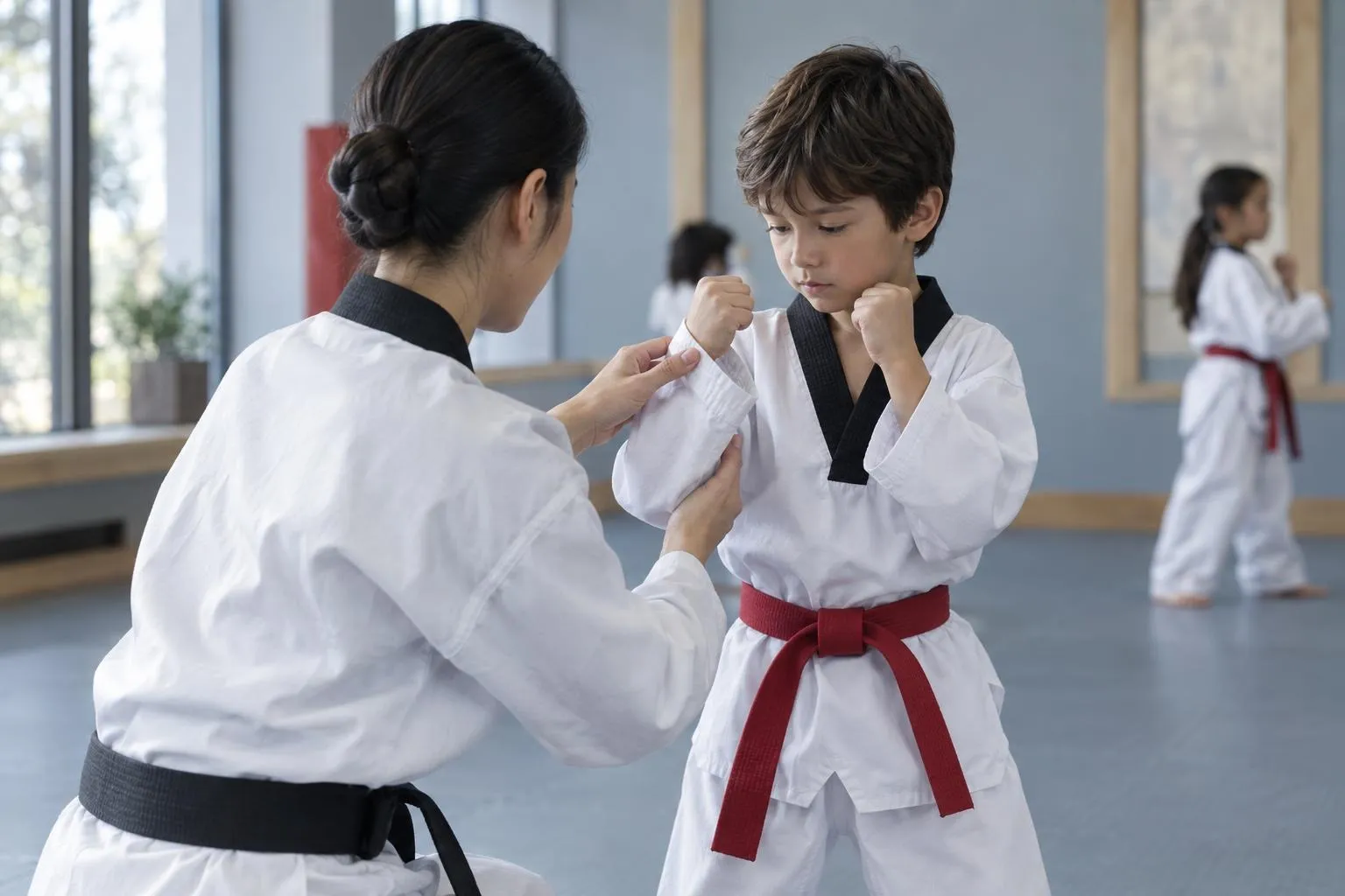 An instructor kneels to adjust a young student's guard