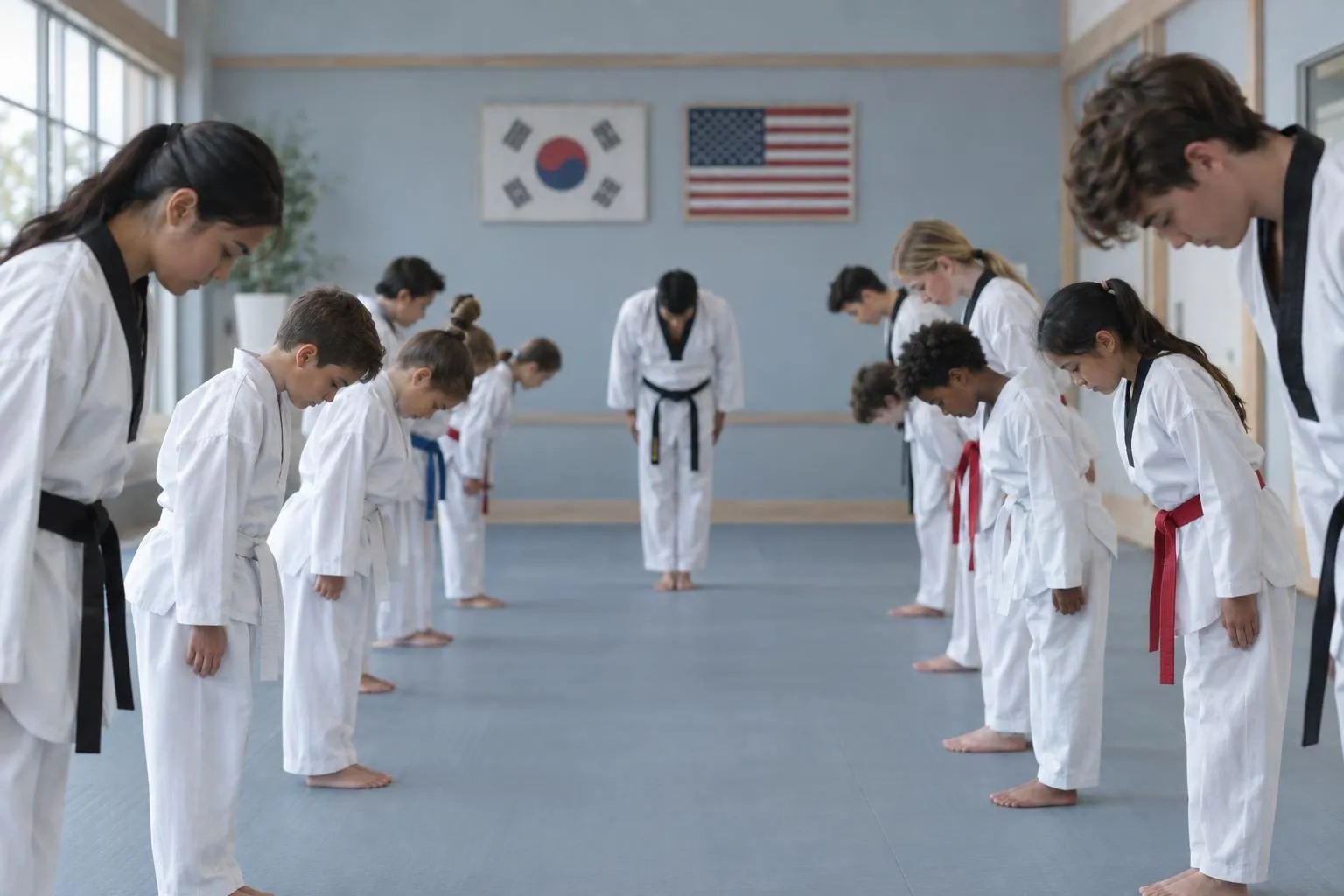 Two rows of students bow to each other at the start of class