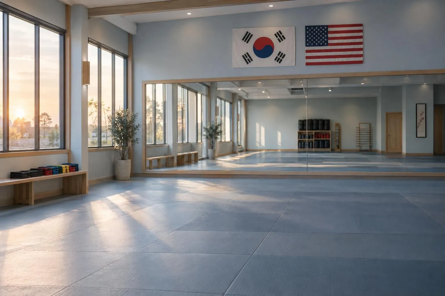 Concept image of an empty, bright Taekwondo training hall