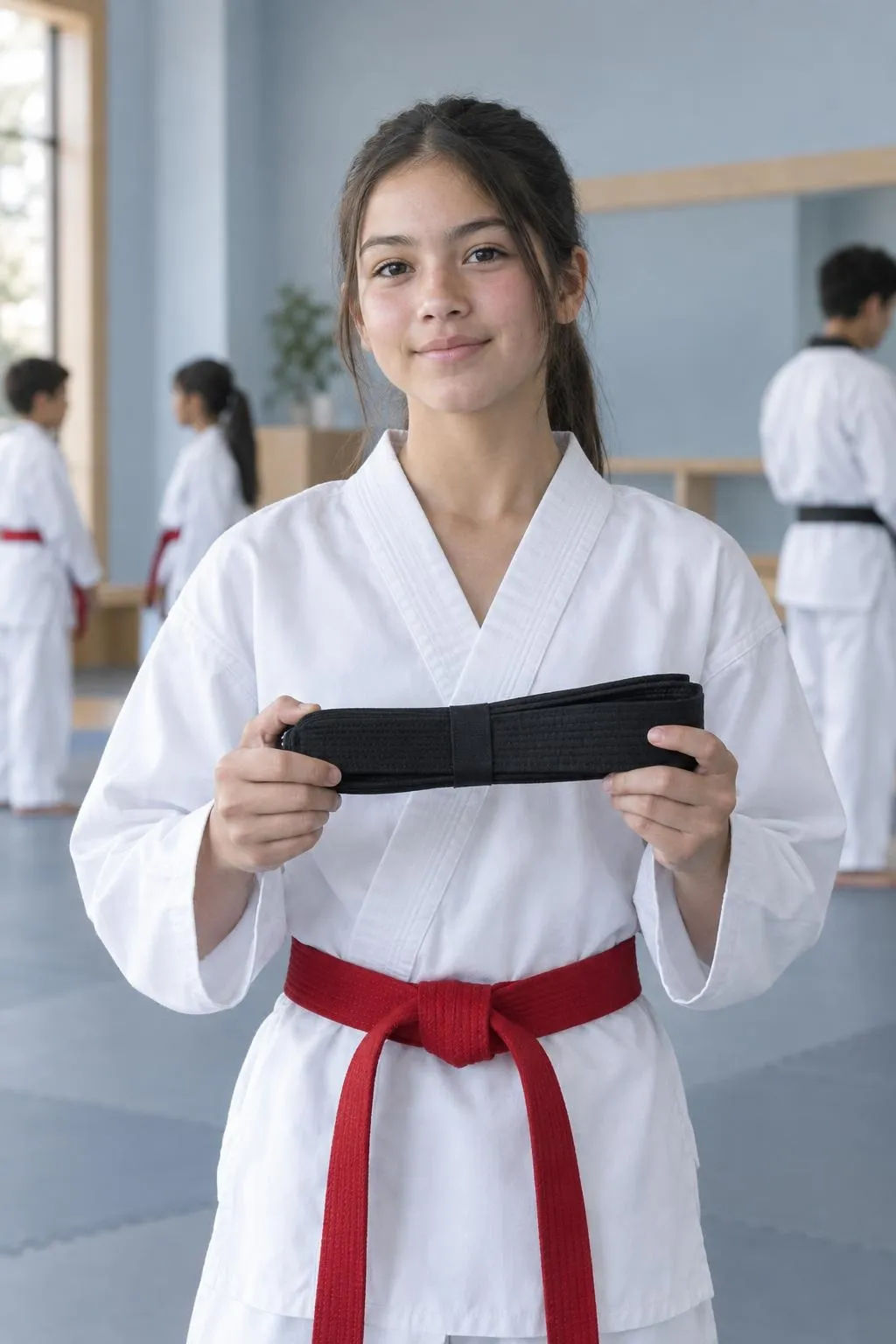 A smiling student holds a newly earned black belt