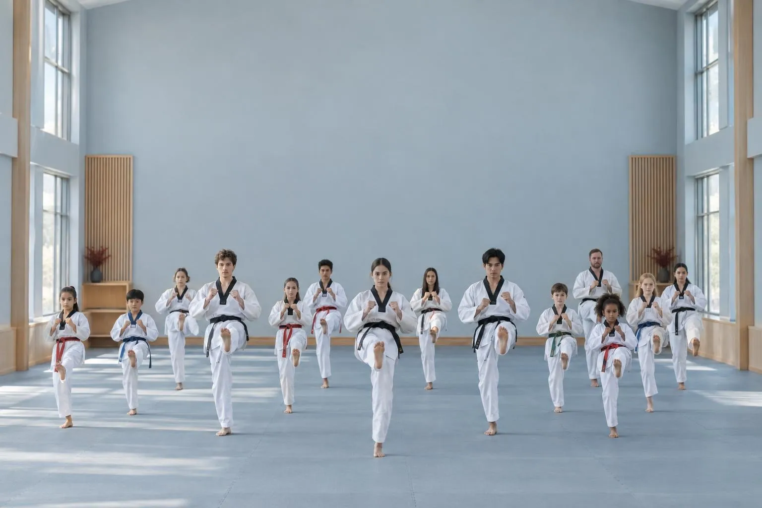 A class of students of all ages in white uniforms throws a front kick together in a tall, bright training hall