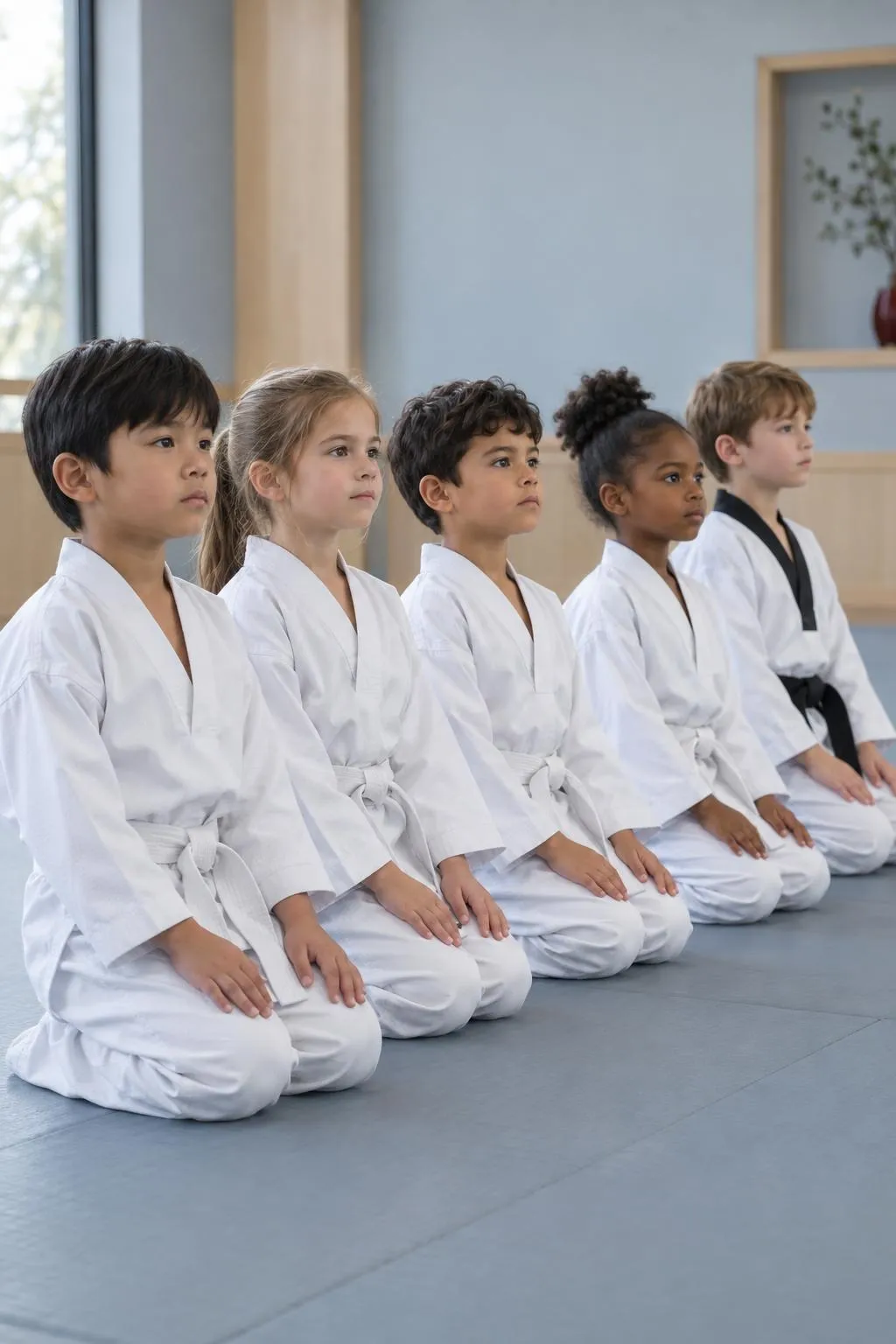 Young students in white uniforms kneel in a line at attention