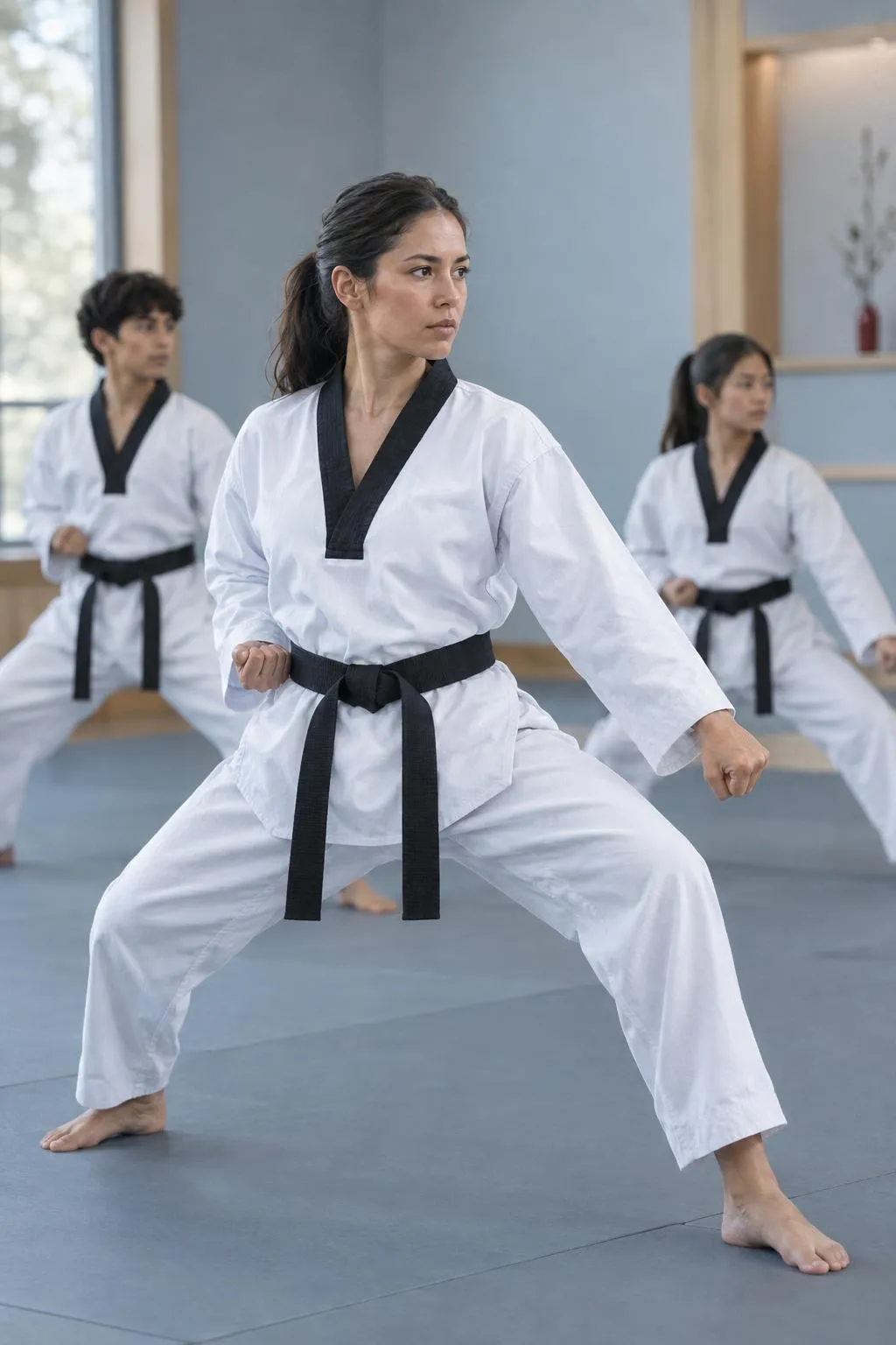 An adult black belt holds a deep front stance during a form