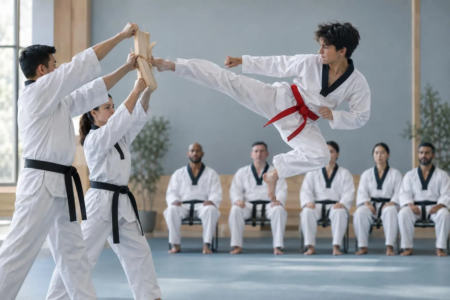 A black belt candidate breaks a board with a jumping side kick as a panel of black belts looks on