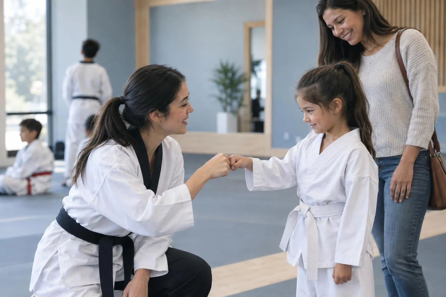 An instructor kneels to welcome a new young student with a fist bump as her parent looks on